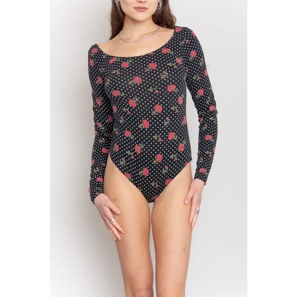 Primark Womens Floral Polka Dot Long Sleeve Bodysuit Black Red Rose Size M 8/10